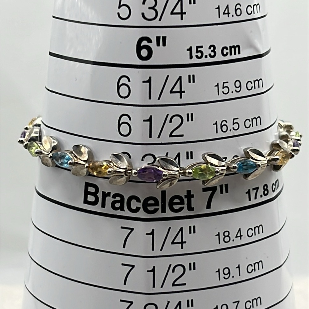 Sterling Silver flower motif tennis bracelet blue topaz, citrine and amethyst - Picture 11 of 12